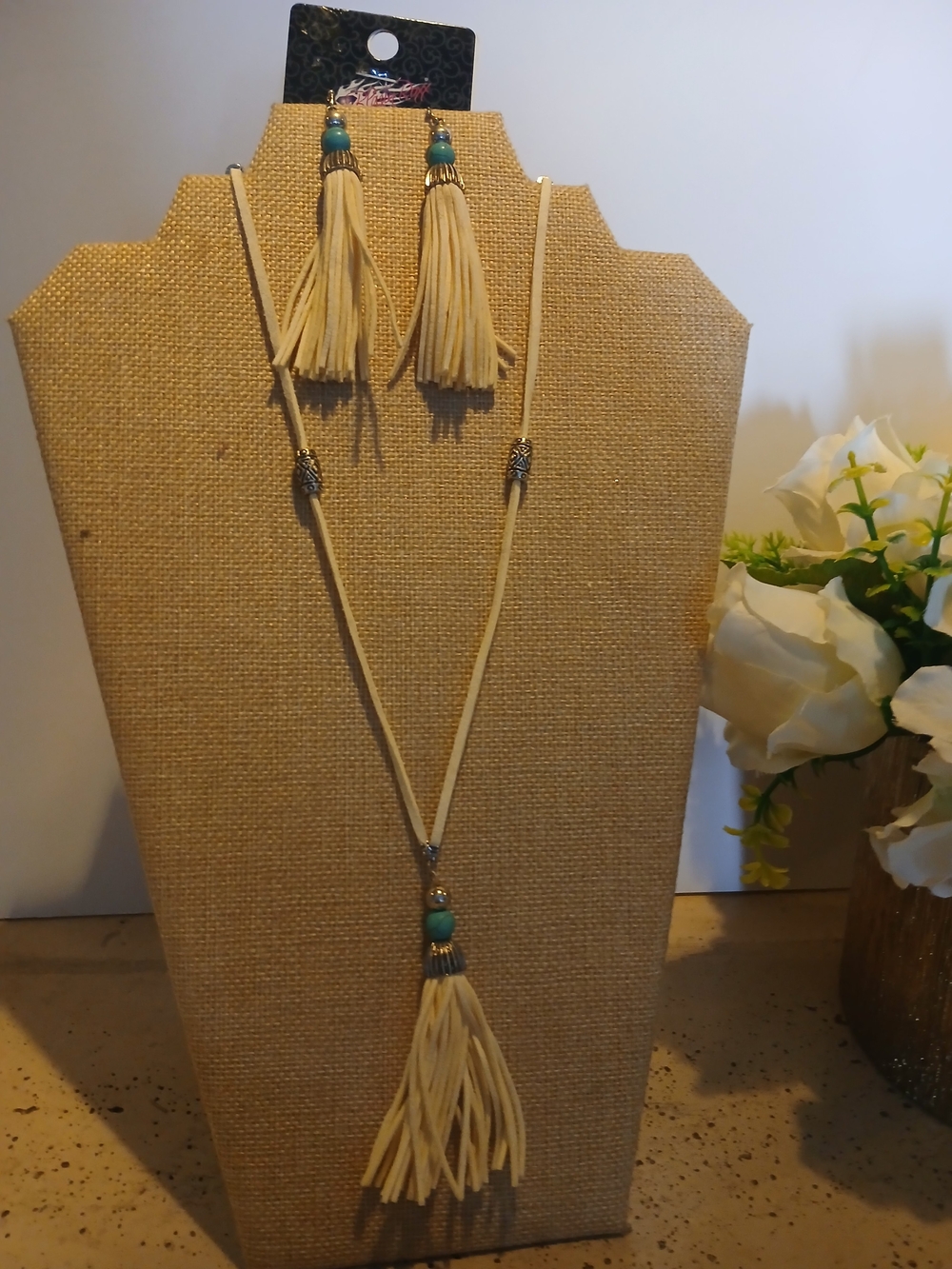 Blazin roxx Boho Beige Tassel Necklace and Earrings Set with Turquoise Beads